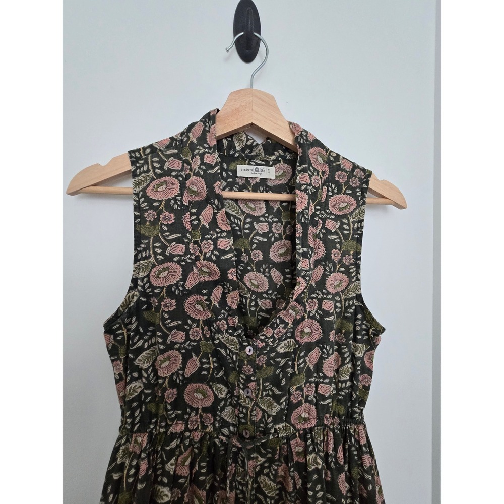Natural Life Floral Cotton Midi Dress Sleeveless Button Front Green Pink Small - Picture 8 of 11